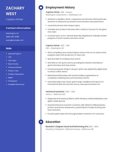 Caption Writer Resume
