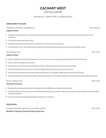 Caption Writer Resume