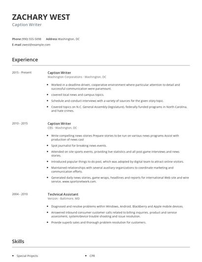 Caption Writer Resume