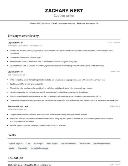 Caption Writer Resume