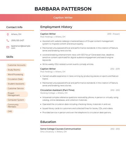 Caption Writer Resume