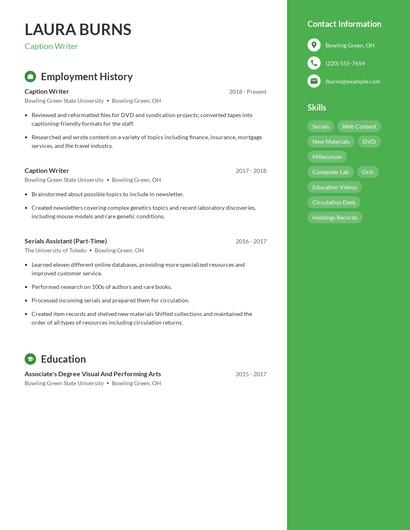 Caption Writer Resume