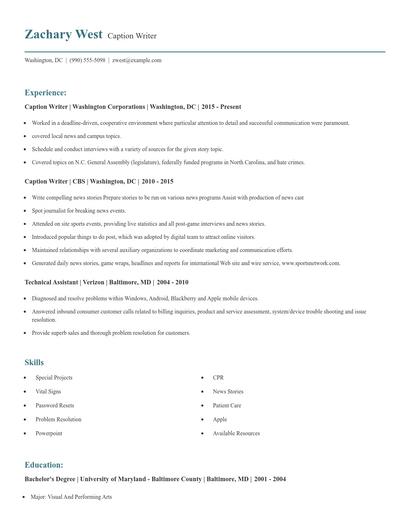 Caption Writer Resume