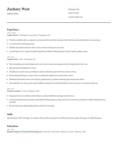 Caption Writer Resume