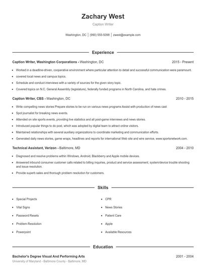Caption Writer Resume