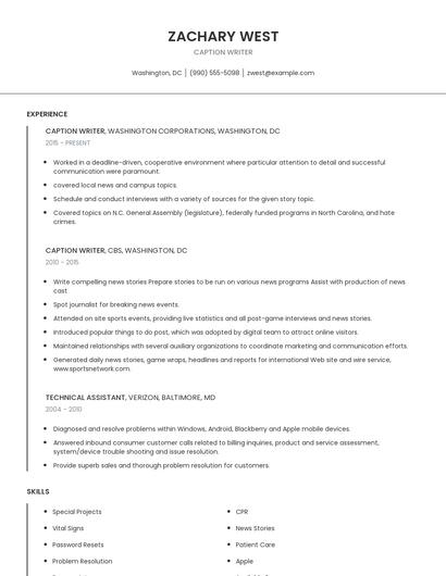 Caption Writer Resume