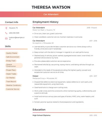 Car Attendant Resume