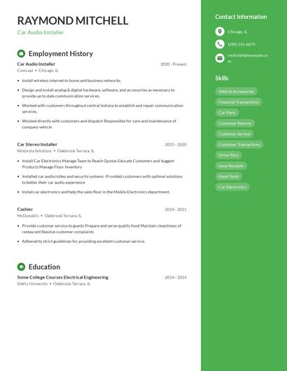 Car Audio Installer Resume
