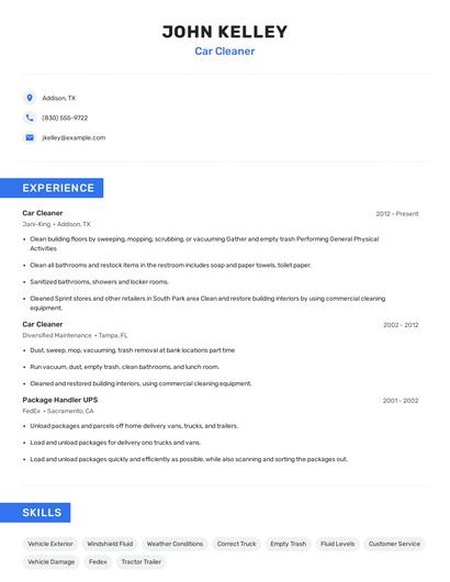 Car Cleaner Resume