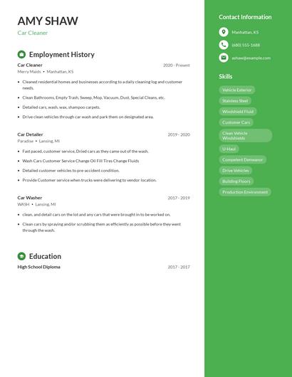 Car Cleaner Resume