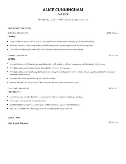 Car Hop Resume
