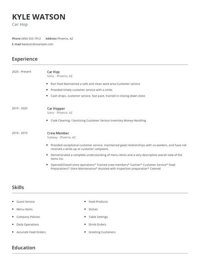 Car Hop Resume
