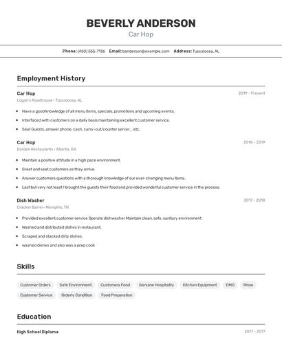 Car Hop Resume