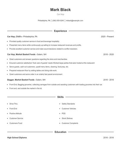 Car Hop Resume