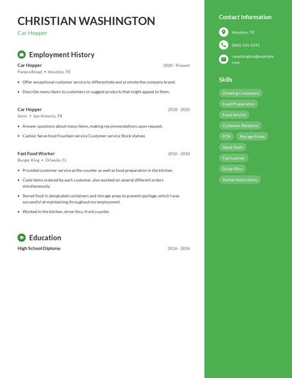 Car Hopper Resume