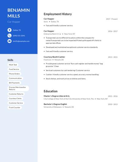 Car Hopper Resume