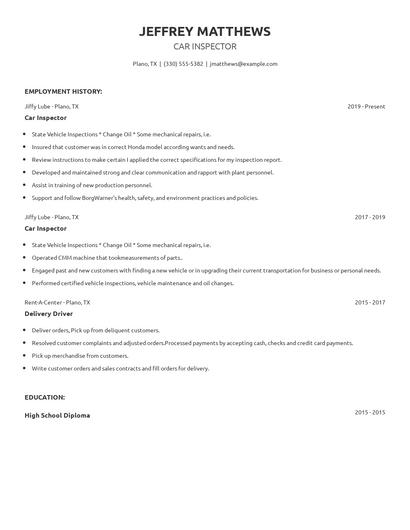 Car Inspector Resume