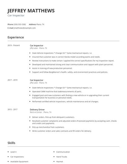Car Inspector Resume