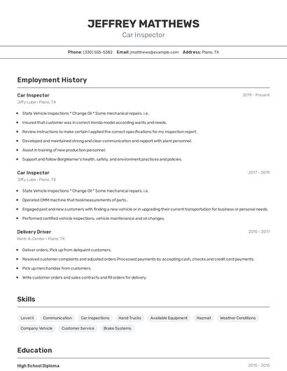 Car Inspector Resume