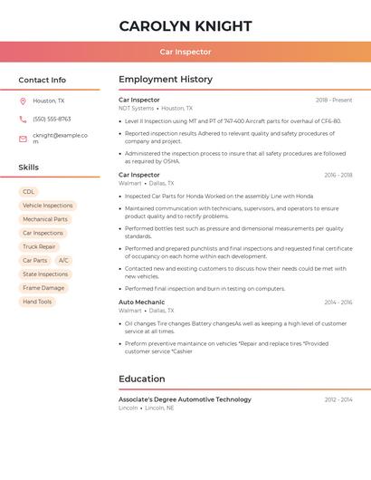 Car Inspector Resume