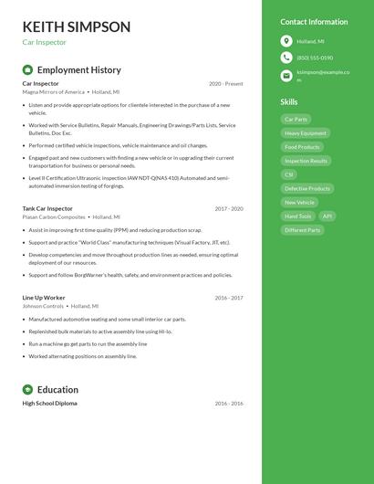 Car Inspector Resume