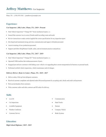 Car Inspector Resume