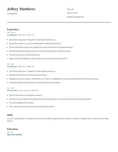 Car Inspector Resume