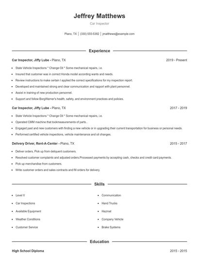 Car Inspector Resume