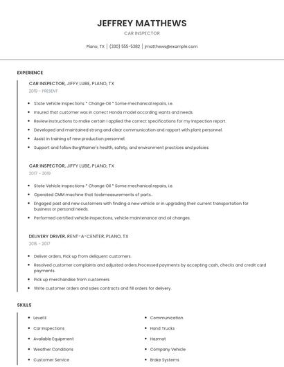 Car Inspector Resume