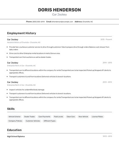Car Jockey Resume