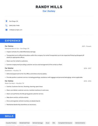 Car Jockey Resume