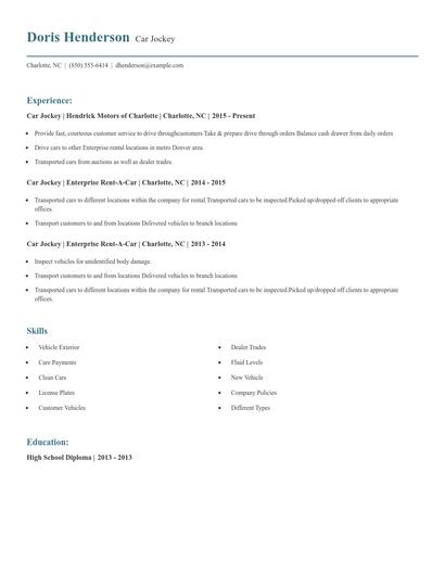 Car Jockey Resume