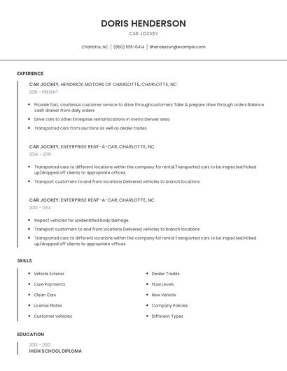Car Jockey Resume