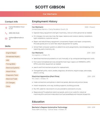 Car Mechanic Resume