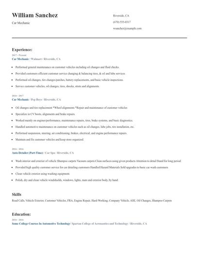 Car Mechanic Resume