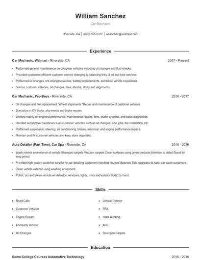 Car Mechanic Resume