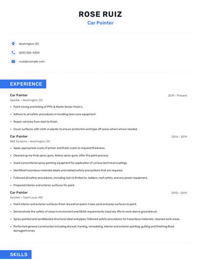Car Painter Resume