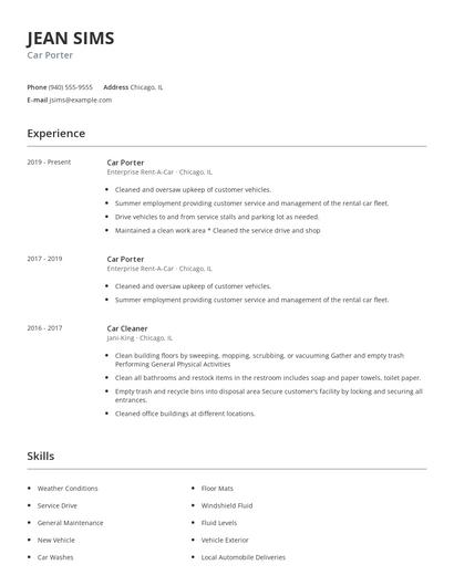 Car Porter Resume