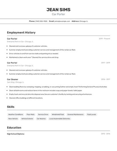 Car Porter Resume