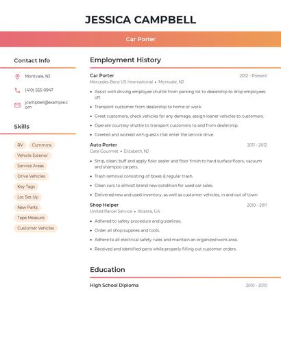 Car Porter Resume