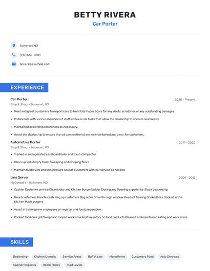Car Porter Resume
