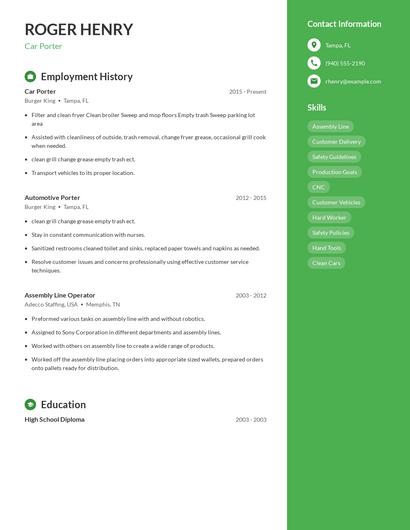 Car Porter Resume