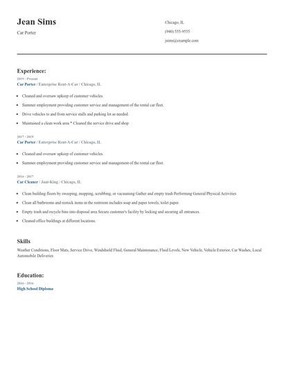 Car Porter Resume