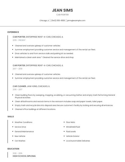 Car Porter Resume