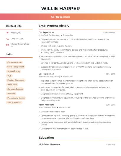 Car Repairman Resume