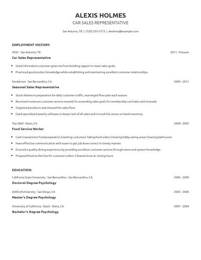 Car Sales Representative Resume