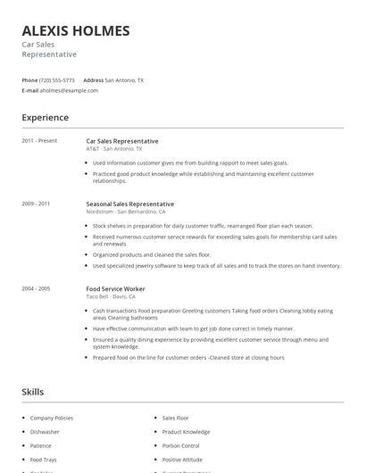 Car Sales Representative Resume