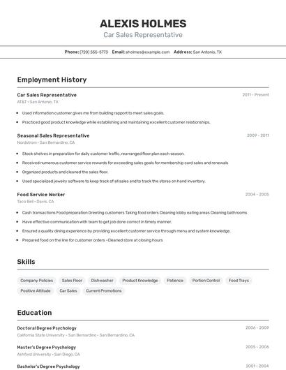 Car Sales Representative Resume