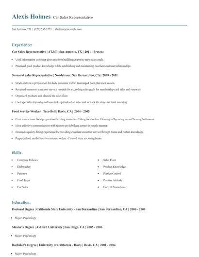 Car Sales Representative Resume