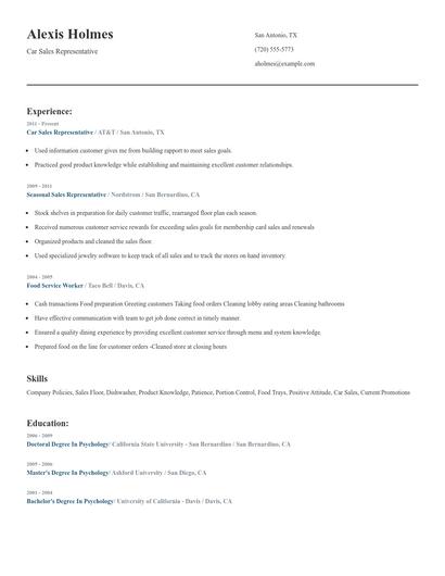 Car Sales Representative Resume